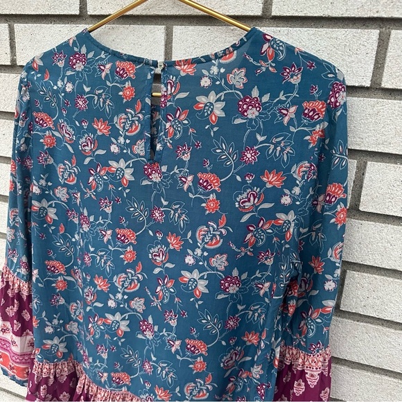 Beach Lunch Lounge Blue Boho Floral Bell Sleeve Peasant Top Block Print Rayon - Picture 7 of 9